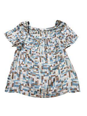Vintage Y2K Banana Republic Women’s Blue Brown Geometric Silk Puff Sleeve Blouse